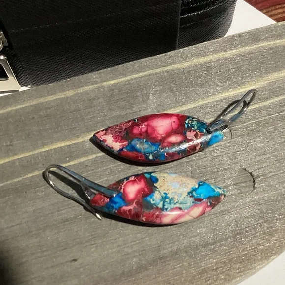 💙 Sterling Silver French Hook Natural Jasper Stone Curvy Boho Drop Earrings